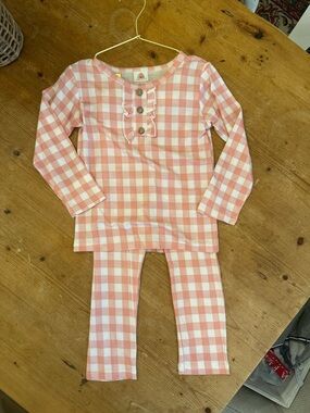 Girls Pink Gingham Two-Piece Pajama Set with Ruffle Button Detail
